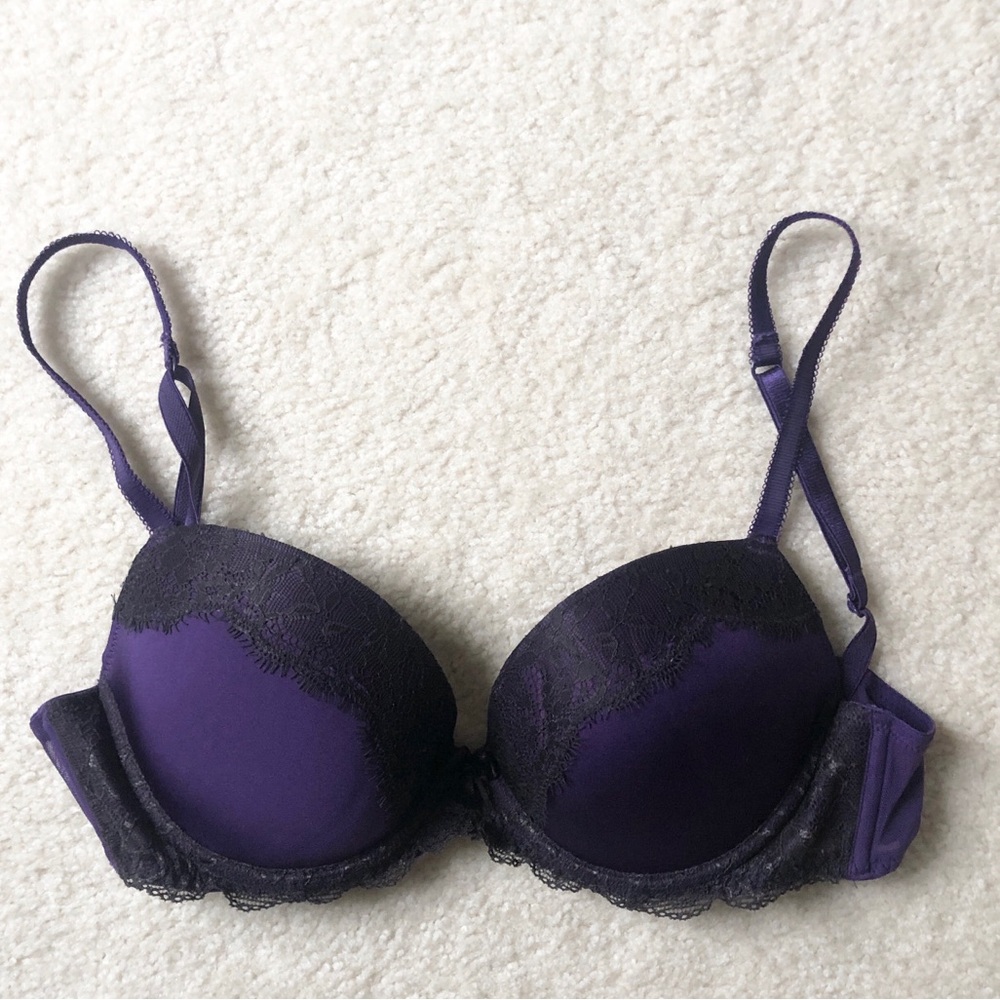 Purple and black lace bra